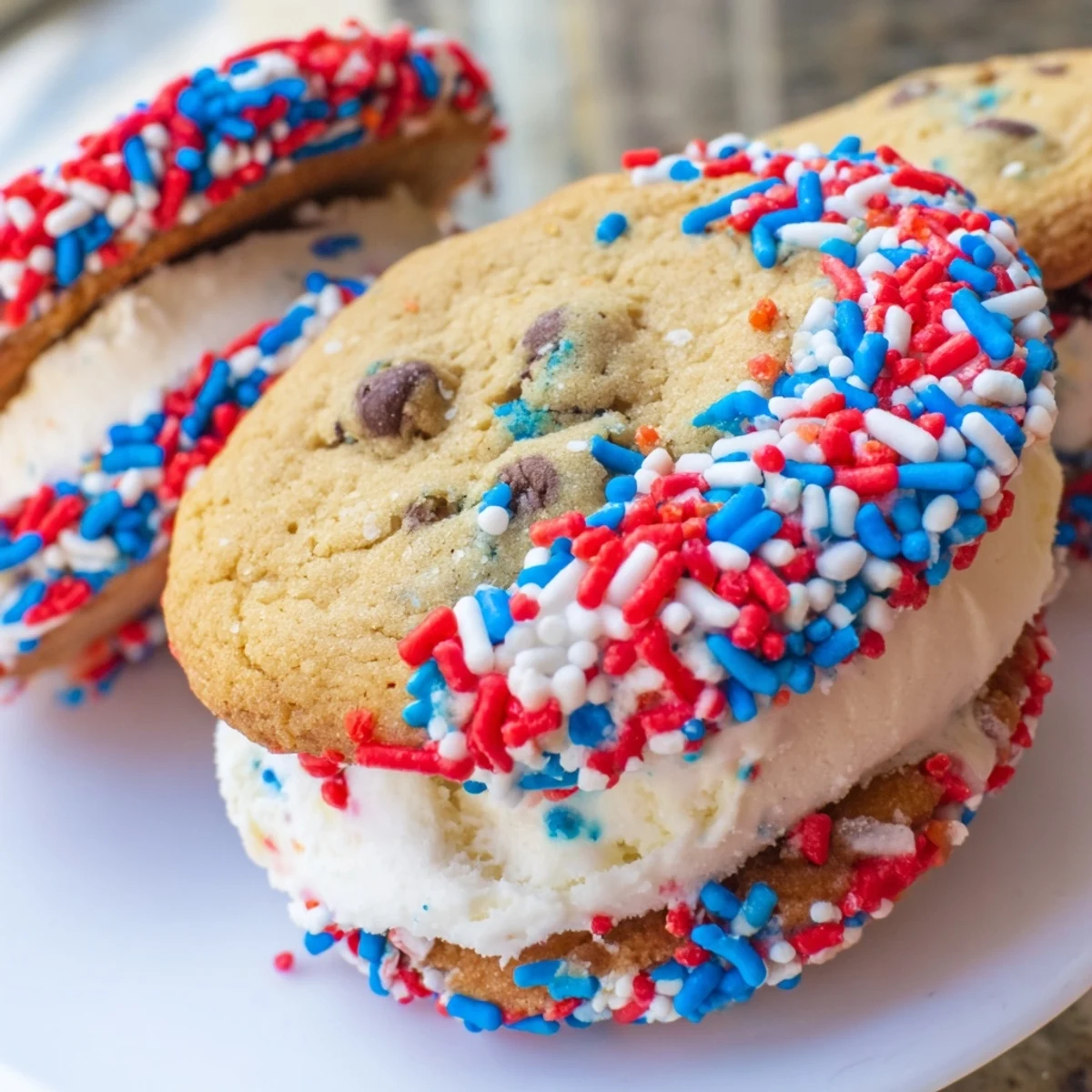 Bite-sized patriotic mini ice cream sandwiches with creamy vanilla filling coated in colorful festive sprinkles