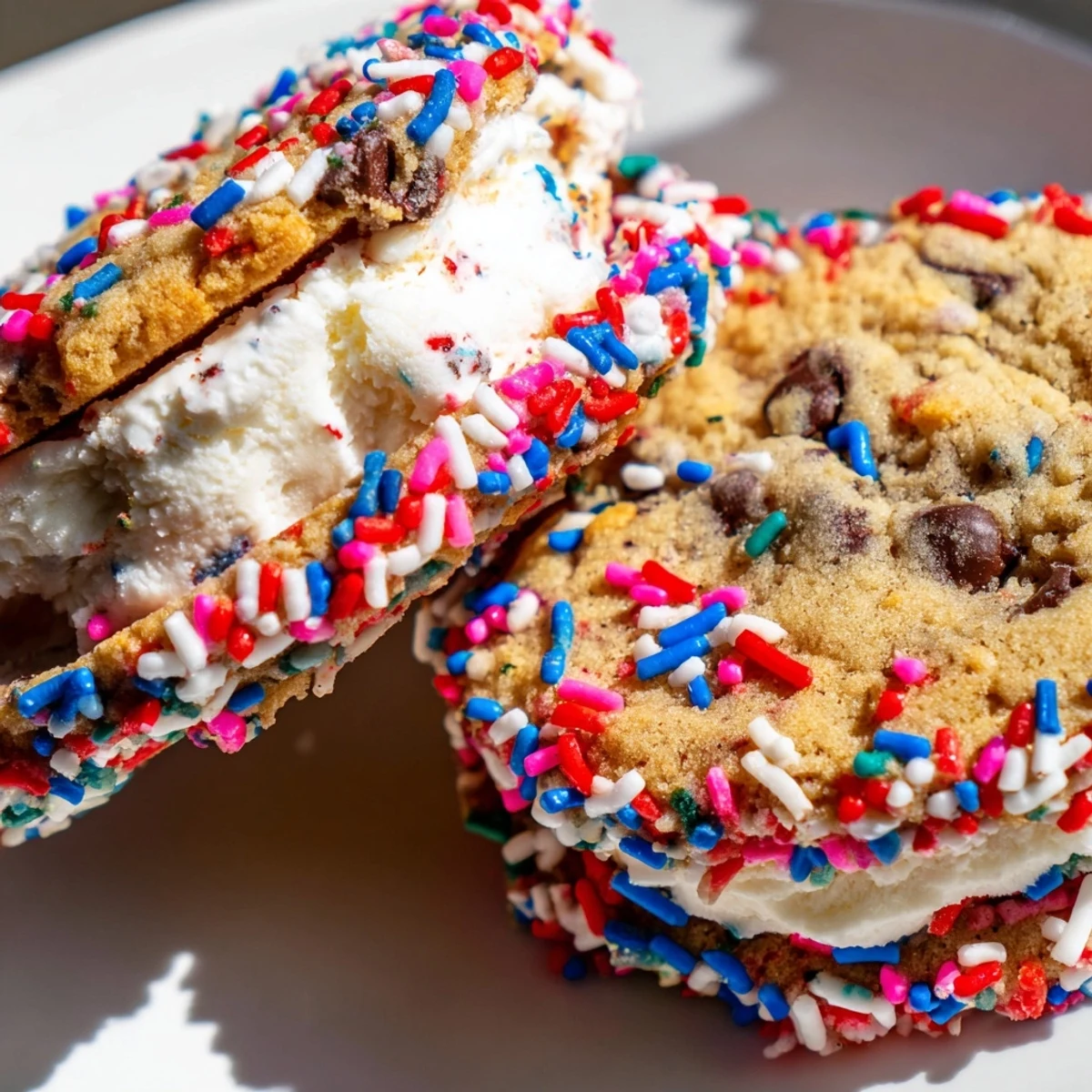 Patriotic mini ice cream sandwiches rolled in red, white, and blue sprinkles on a summer dessert platter