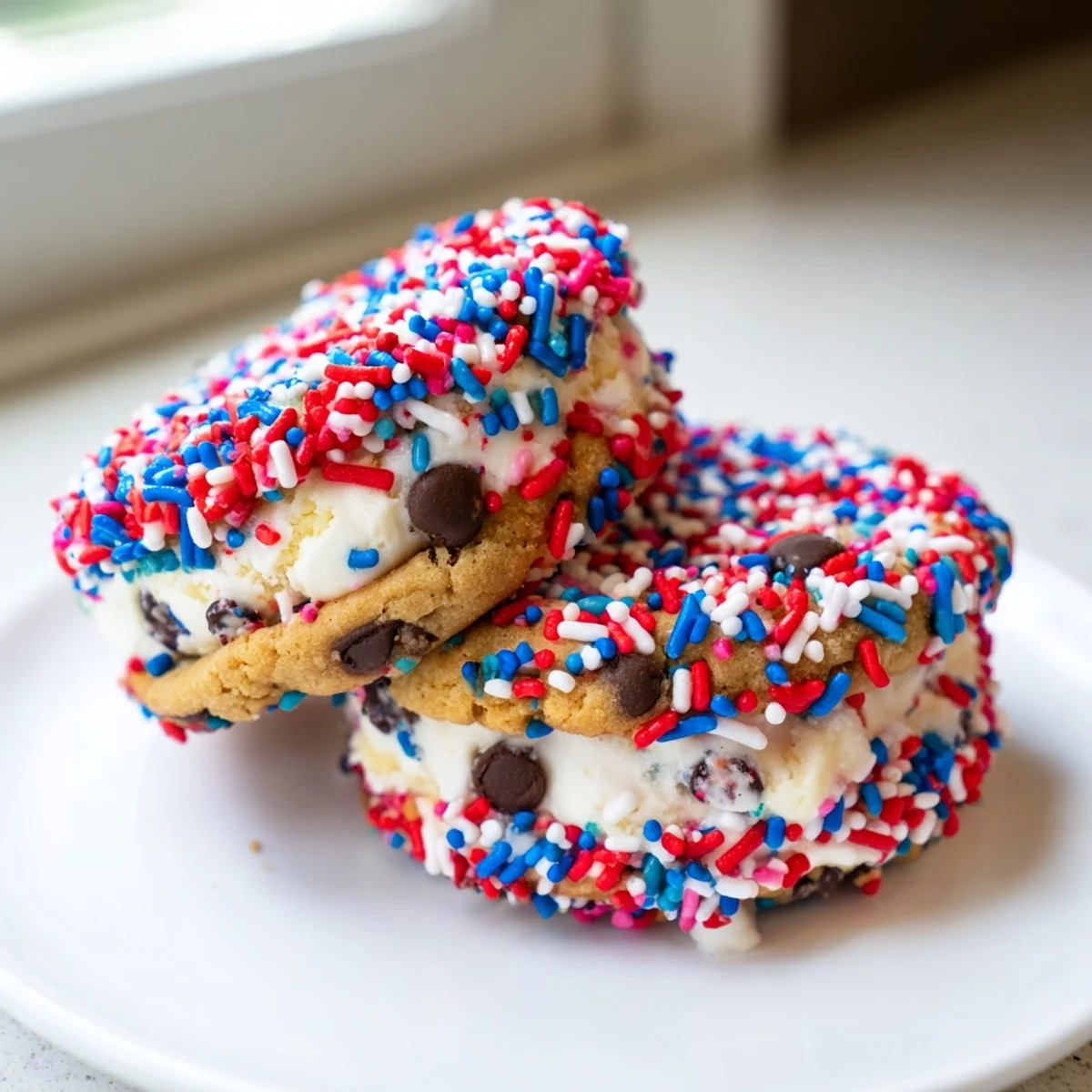 Chewy chocolate chip cookies sandwiching vanilla ice cream in these patriotic mini ice cream sandwiches