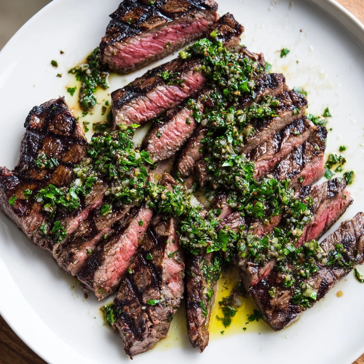 Chimichurri Steak Recipe: grilled ribeye sliced, bright herby sauce glistening