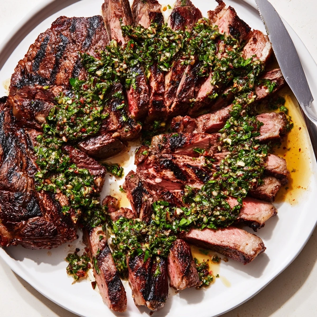 Sliced Chimichurri Steak Recipe plated with extra sauce and lemon wedges