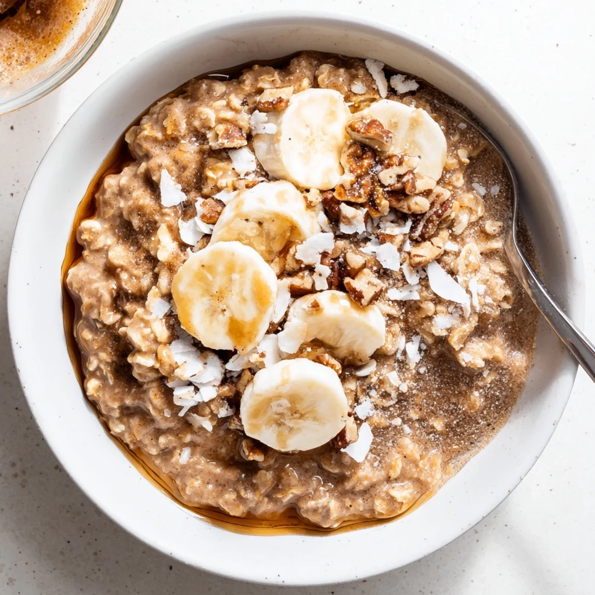 Brown Sugar Coffee Overnight Oats topped with sliced banana and toasted pecans.