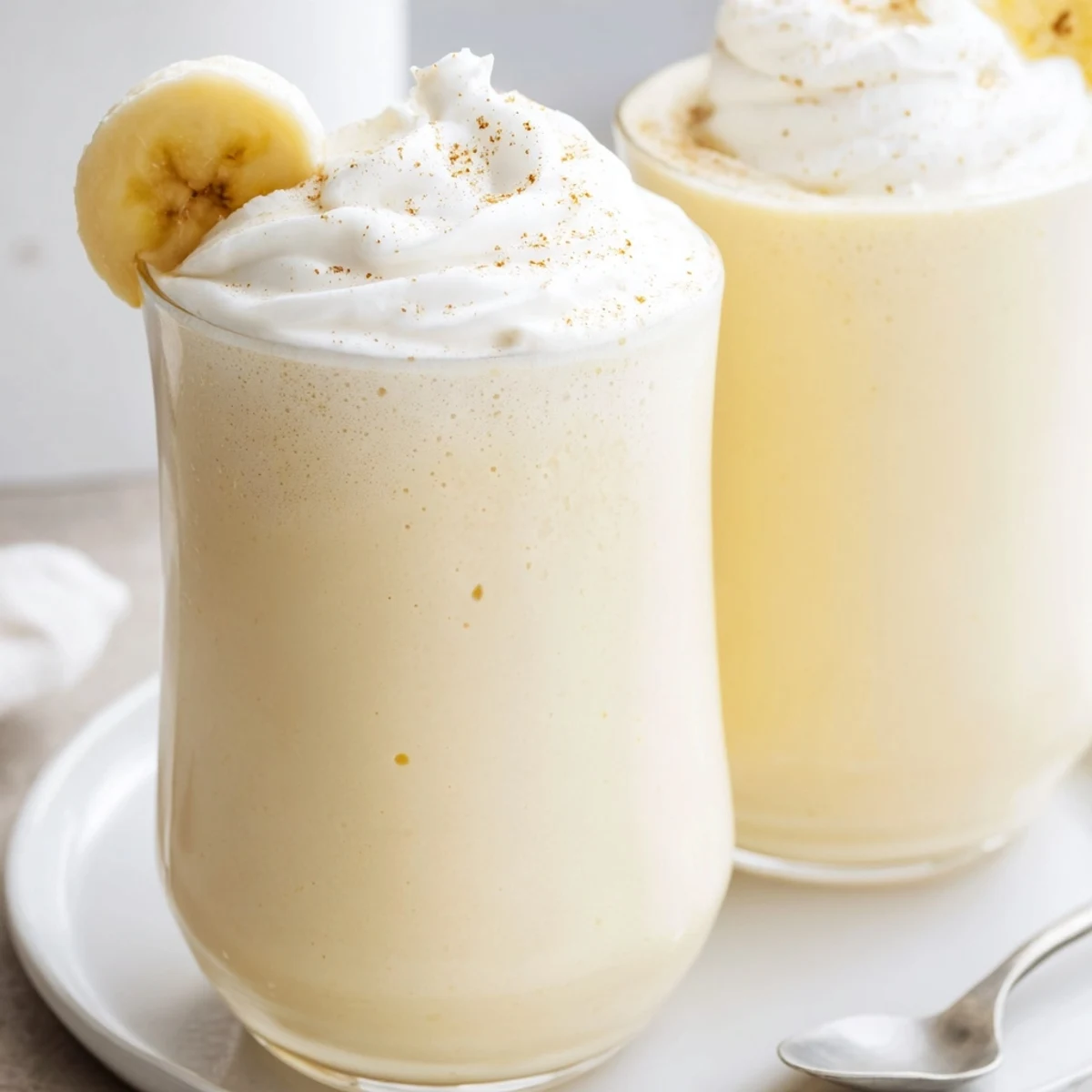 Vanilla Banana Shake in chilled glasses, silky froth and banana aroma