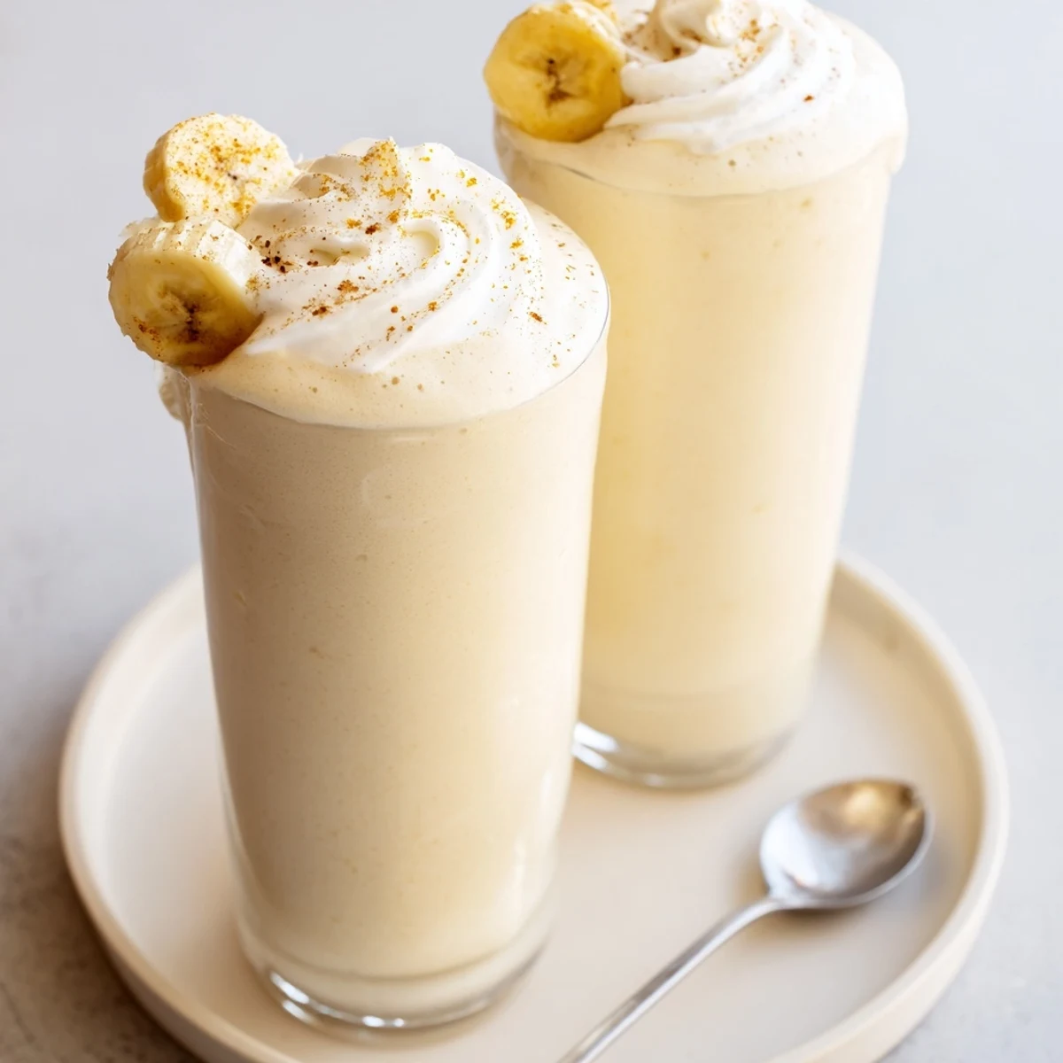 Creamy Vanilla Banana Shake topped with whipped cream and cinnamon sprinkle