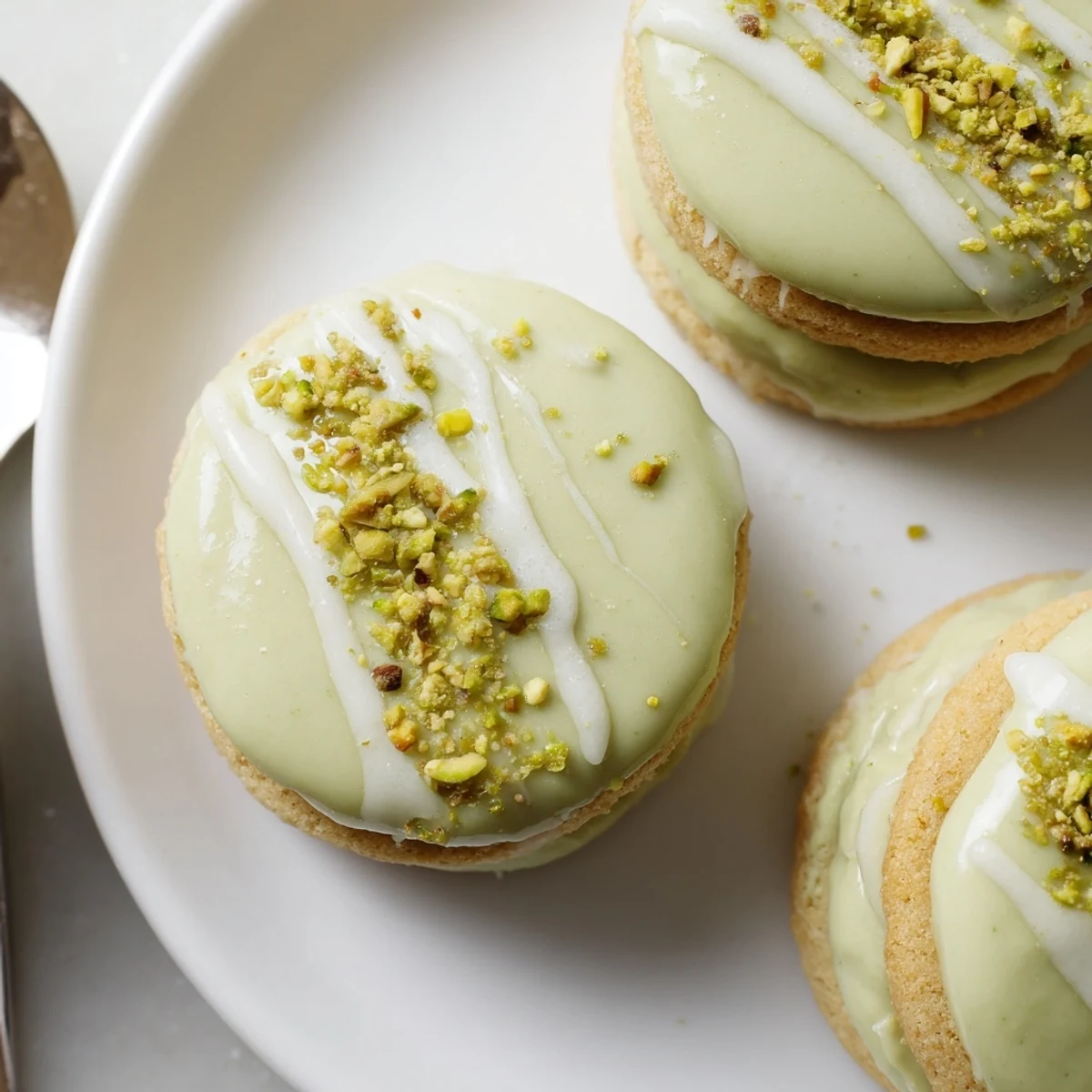 Pistachio Cream Cookies Recipe showing golden sandwich cookies with creamy pistachio filling