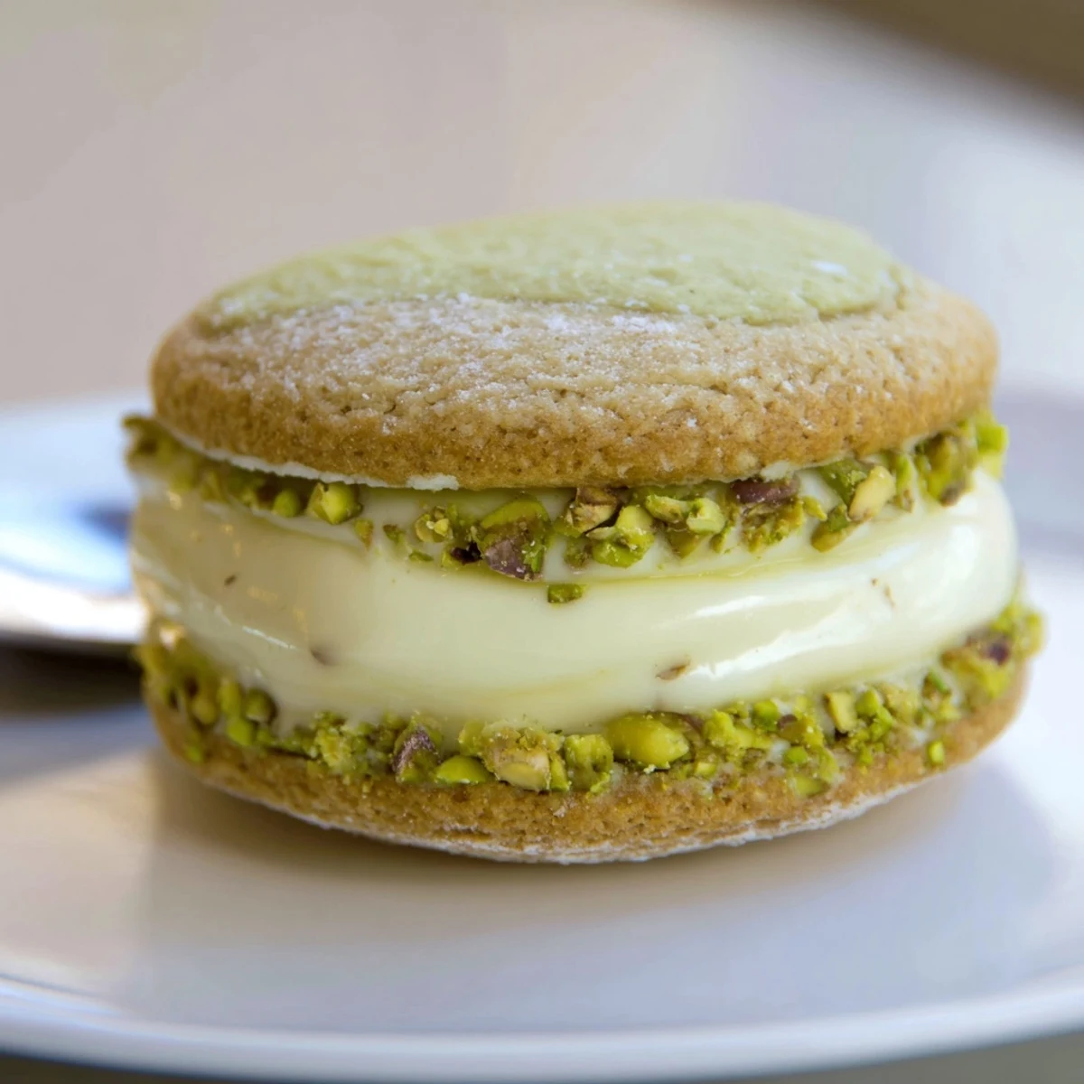 Close-up of Pistachio Cream Cookies Recipe arranged on plate, chopped pistachios sprinkled