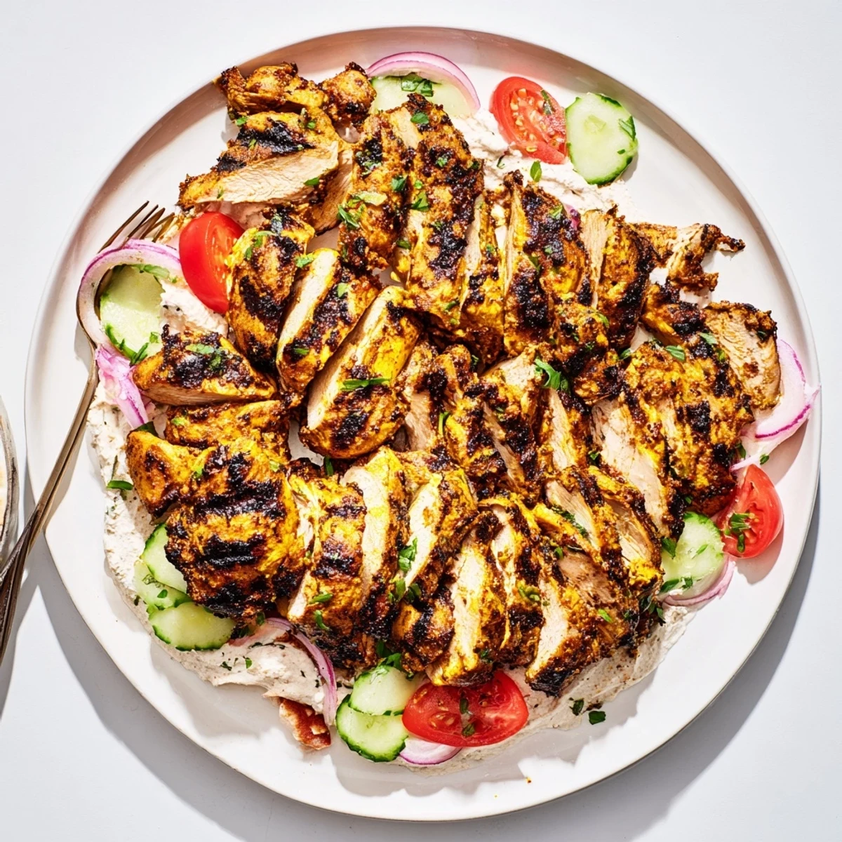 Sliced Shawarma Chicken With Garlic Sauce drizzled over rice, fragrant and tangy.