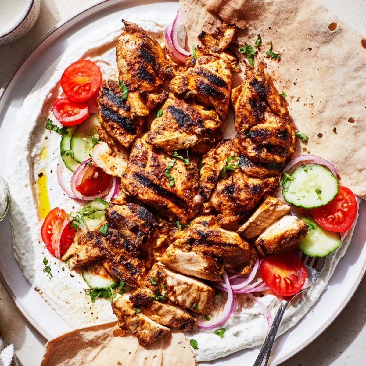 Shawarma Chicken With Garlic Sauce piled in warm pita, charred edges visible.