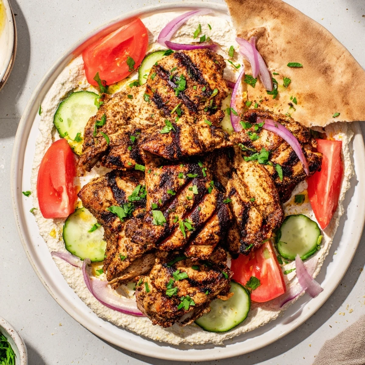 Grilled Shawarma Chicken With Garlic Sauce resting beside tomatoes, herbs, and creamy toum.
