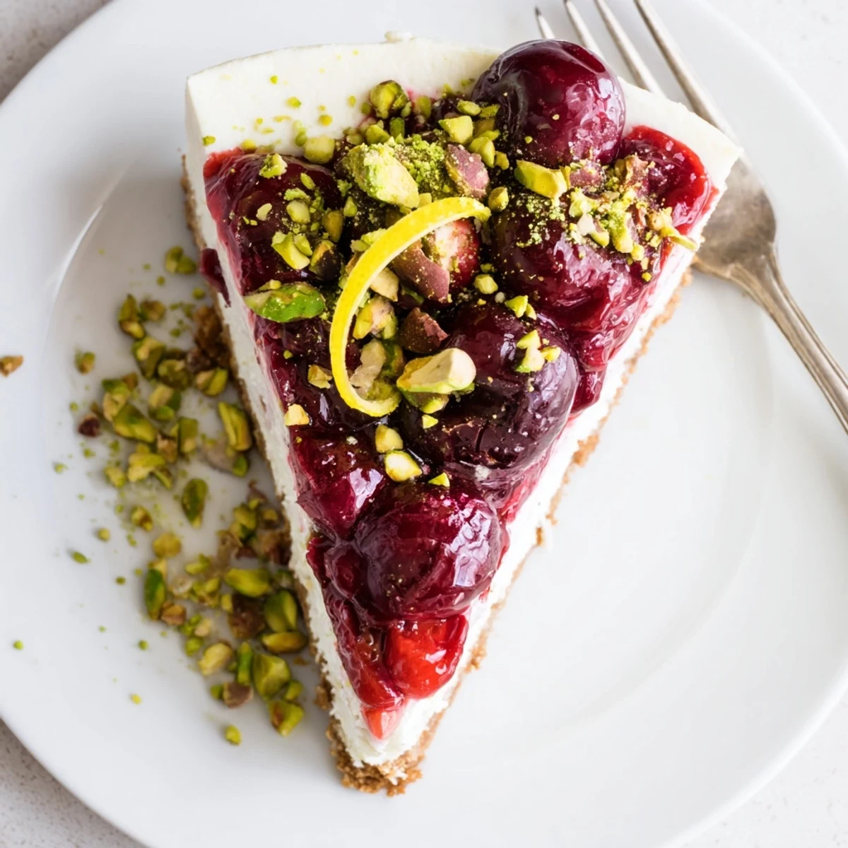 Lemon Lime Cherry Pistachio Cheesecake topped with glistening cherries and chopped pistachios