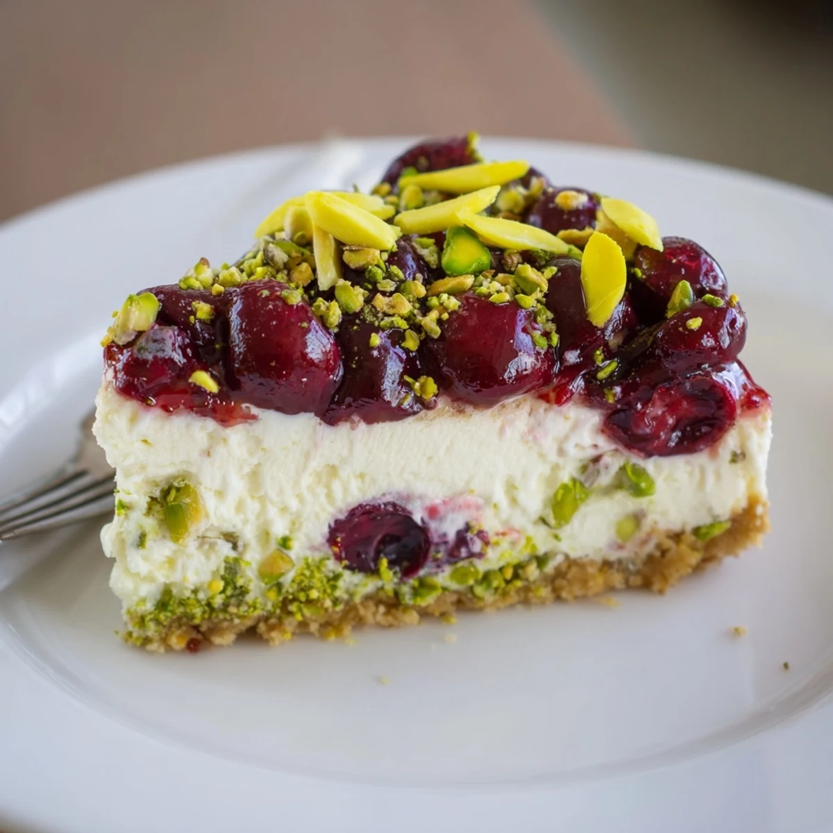 Slice of Lemon Lime Cherry Pistachio Cheesecake served chilled on white plate, zesty aroma