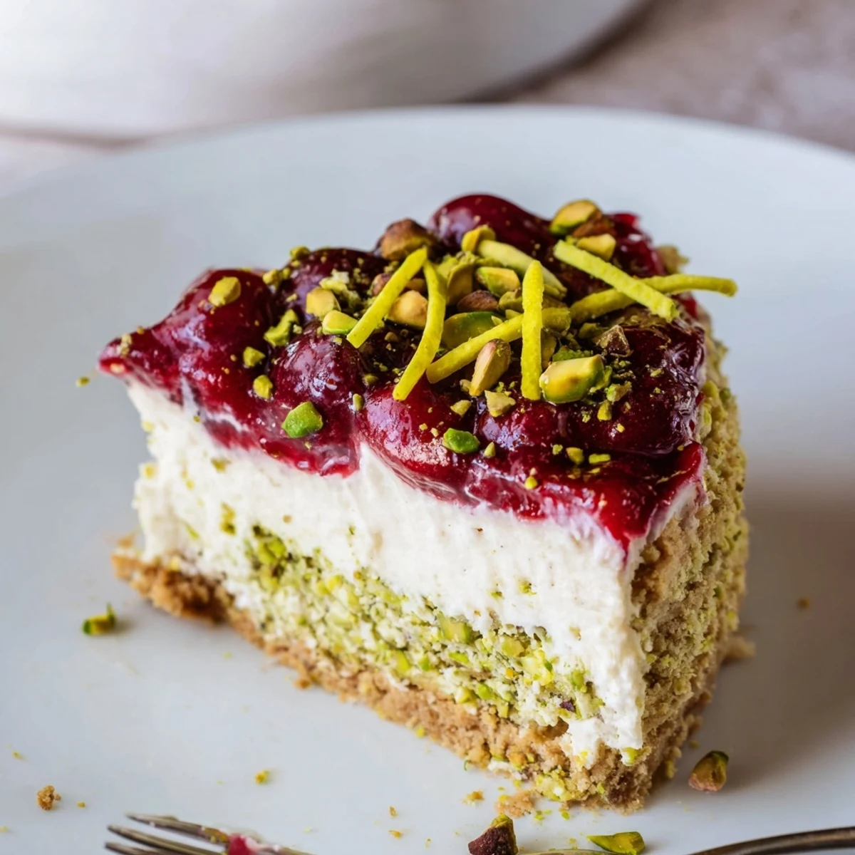 Creamy Lemon Lime Cherry Pistachio Cheesecake rests on graham crust, bright citrus zing