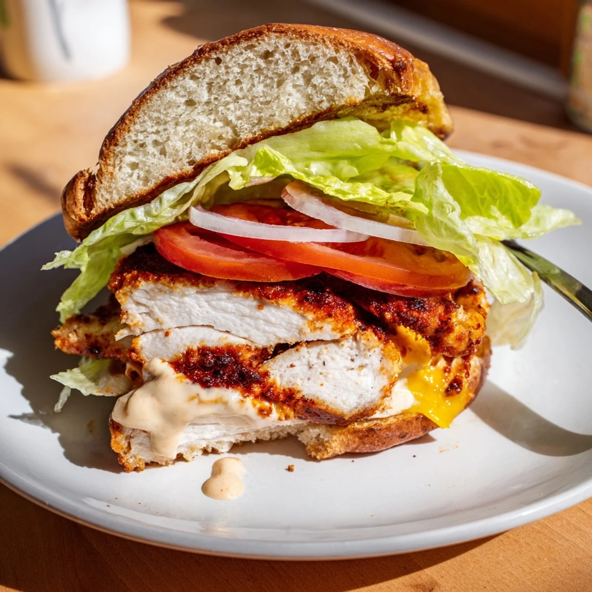 Grilled Spicy Chicken Sandwich With Creamy Sauce with melted cheddar and crisp lettuce