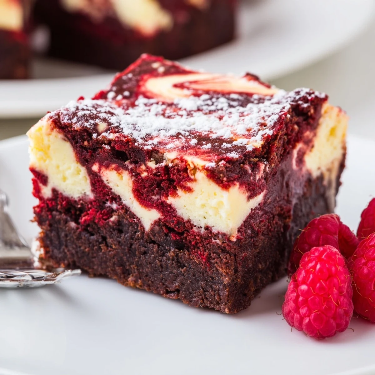 A creamy, tangy Red Velvet Brownies With Cheesecake Layer served chilled with powdered sugar