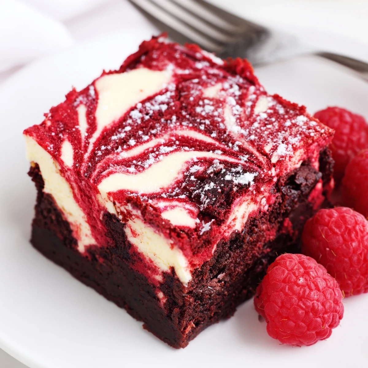 Fudgy Red Velvet Brownies With Cheesecake Layer, marbled and chilled, topped with berries