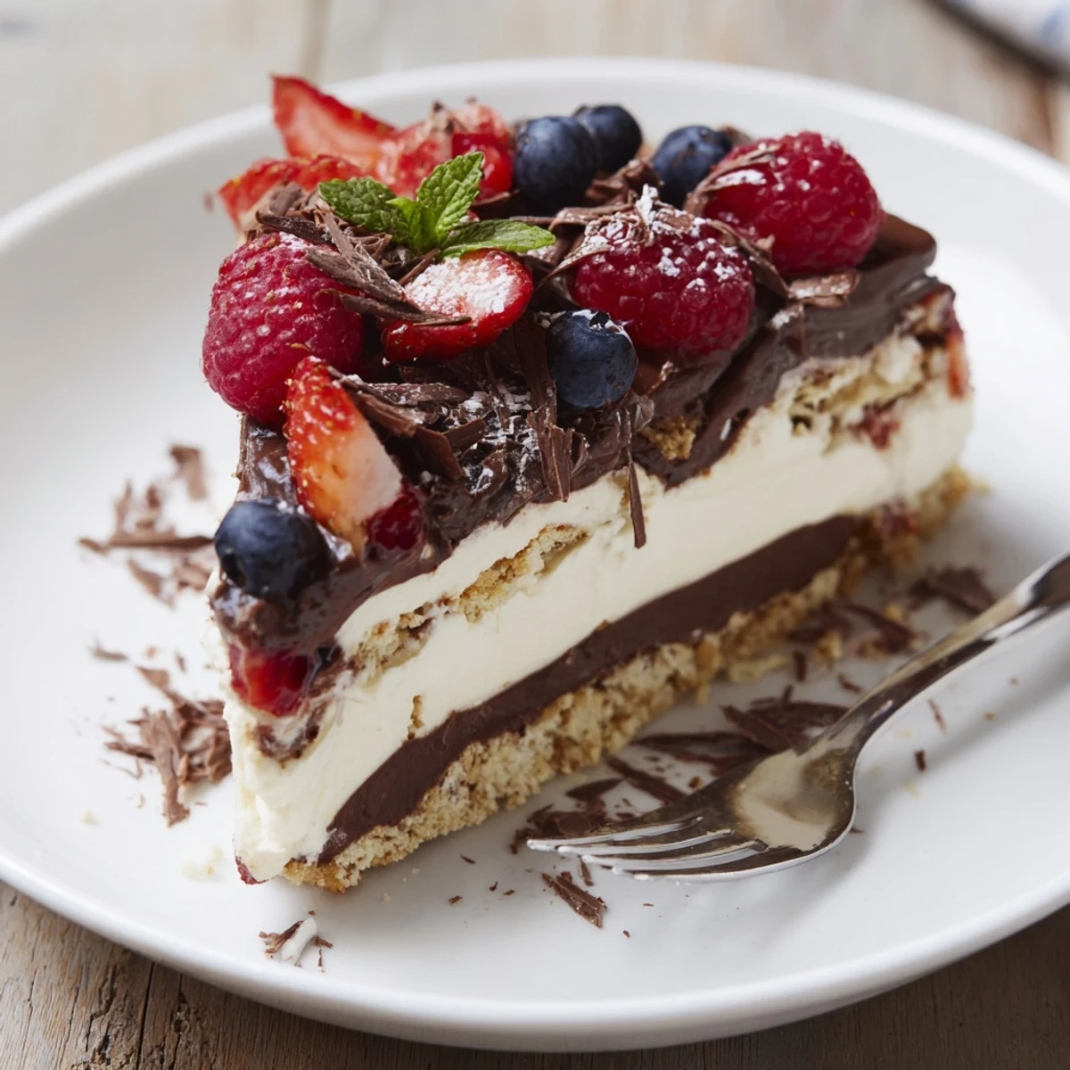 The Ultimate Dessert Recipe: layered chocolate, vanilla, and berries chilled and glossy
