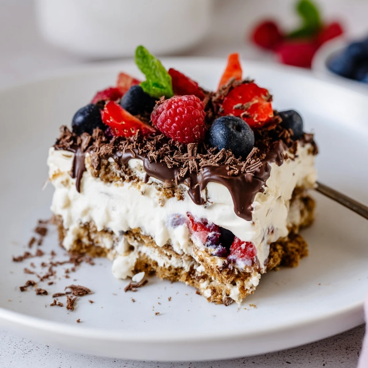 Sliced The Ultimate Dessert Recipe on plate, creamy mascarpone and fresh berries