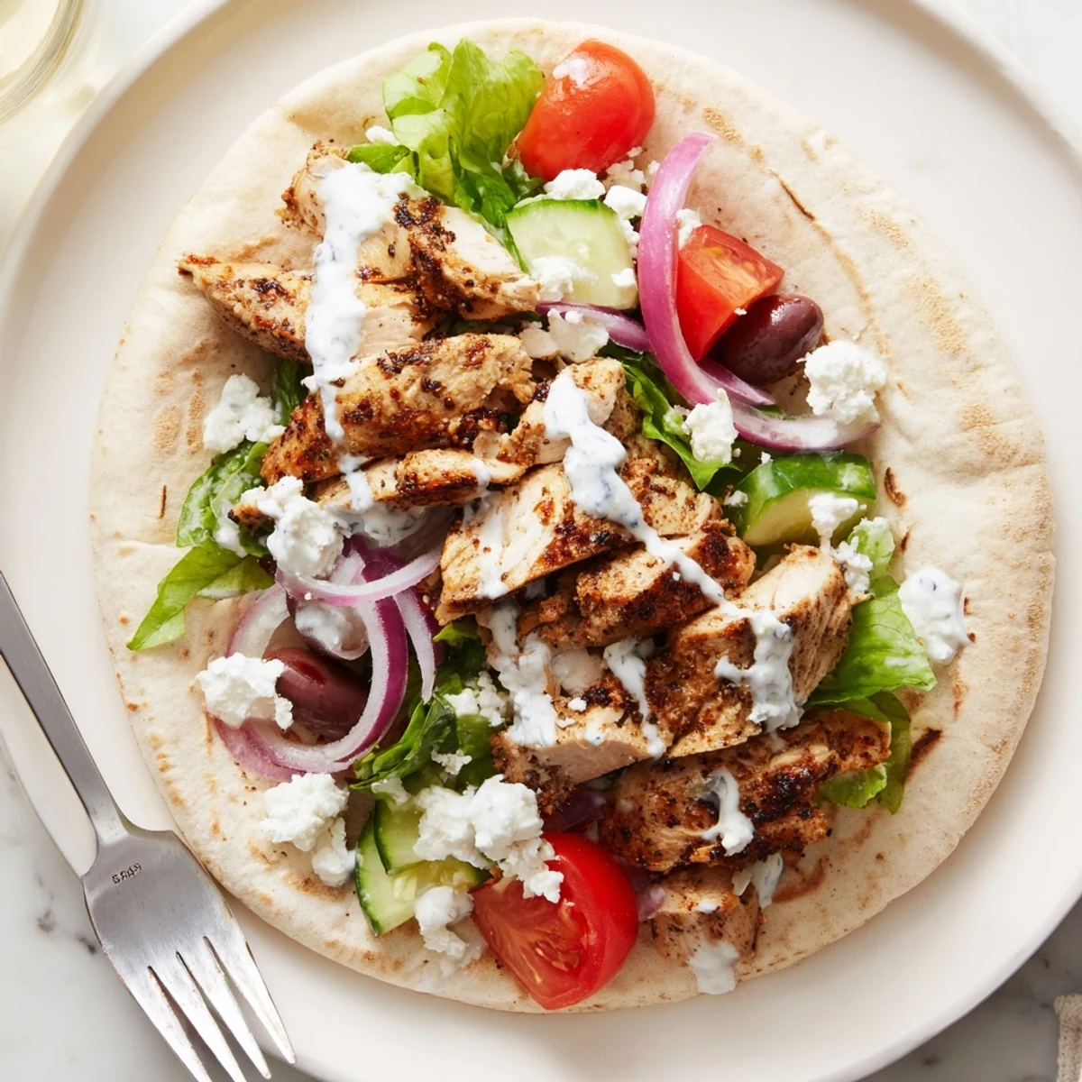 Mediterranean Chicken Pita Wraps bursting with grilled chicken, crisp veggies, tangy yogurt.