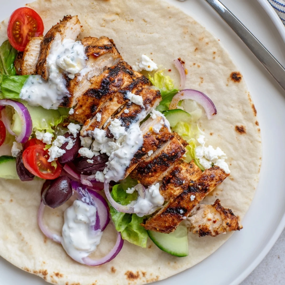 Skillet-charred Mediterranean Chicken Pita Wraps served with creamy dill yogurt sauce.