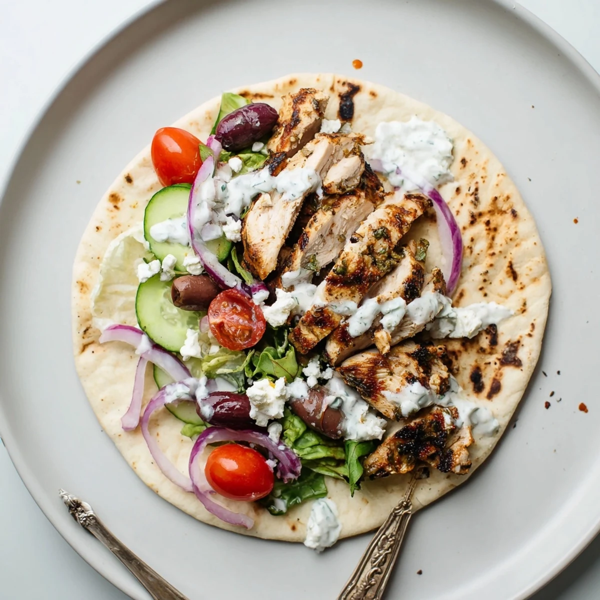 Handheld Mediterranean Chicken Pita Wraps piled high with mixed greens and olives.