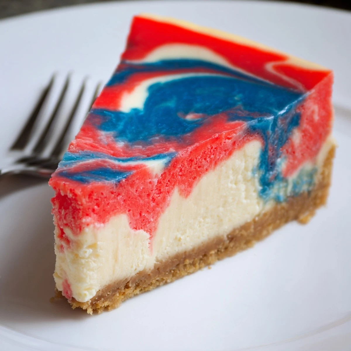 Sliced Patriotic Swirl Cheesecake topped with whipped cream and fresh berries  