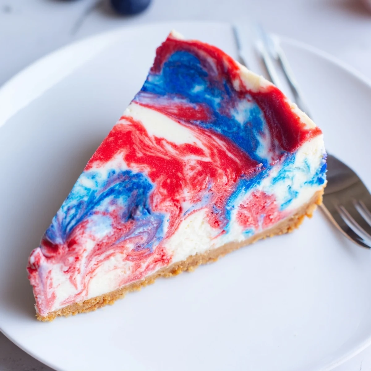Bite reveals creamy Patriotic Swirl Cheesecake texture with tangy sour cream