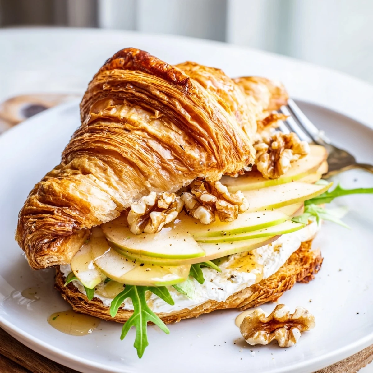Toasted Apple Goat Cheese Croissant Sandwich with honey sheen and peppered arugula