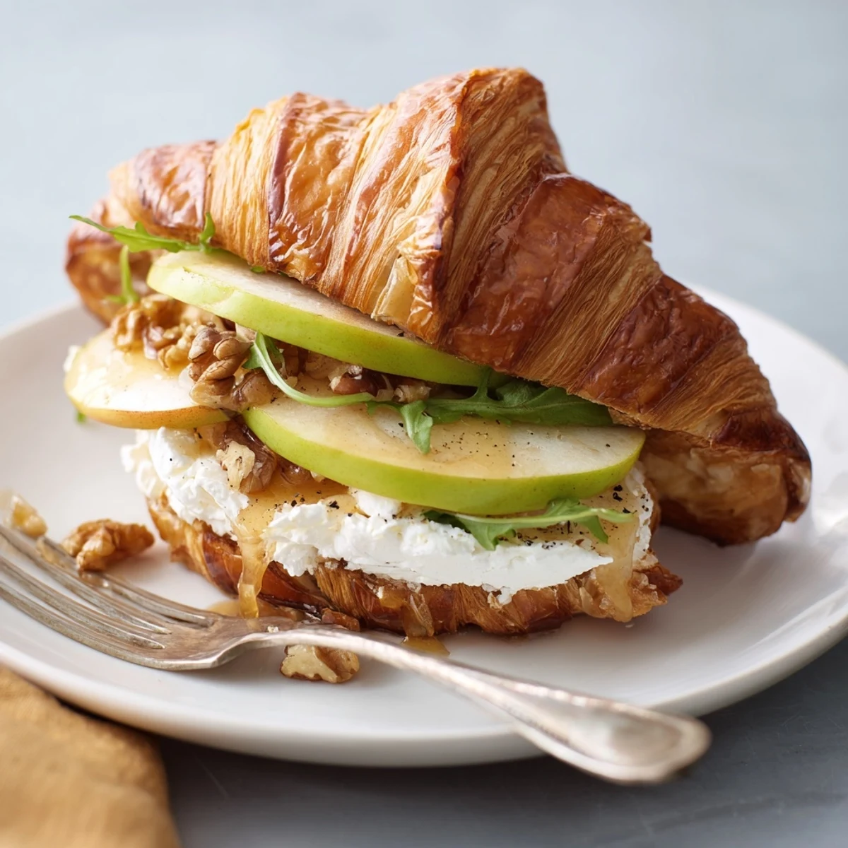 Elegant Apple Goat Cheese Croissant Sandwich served with sparkling wine, flaky buttery layers