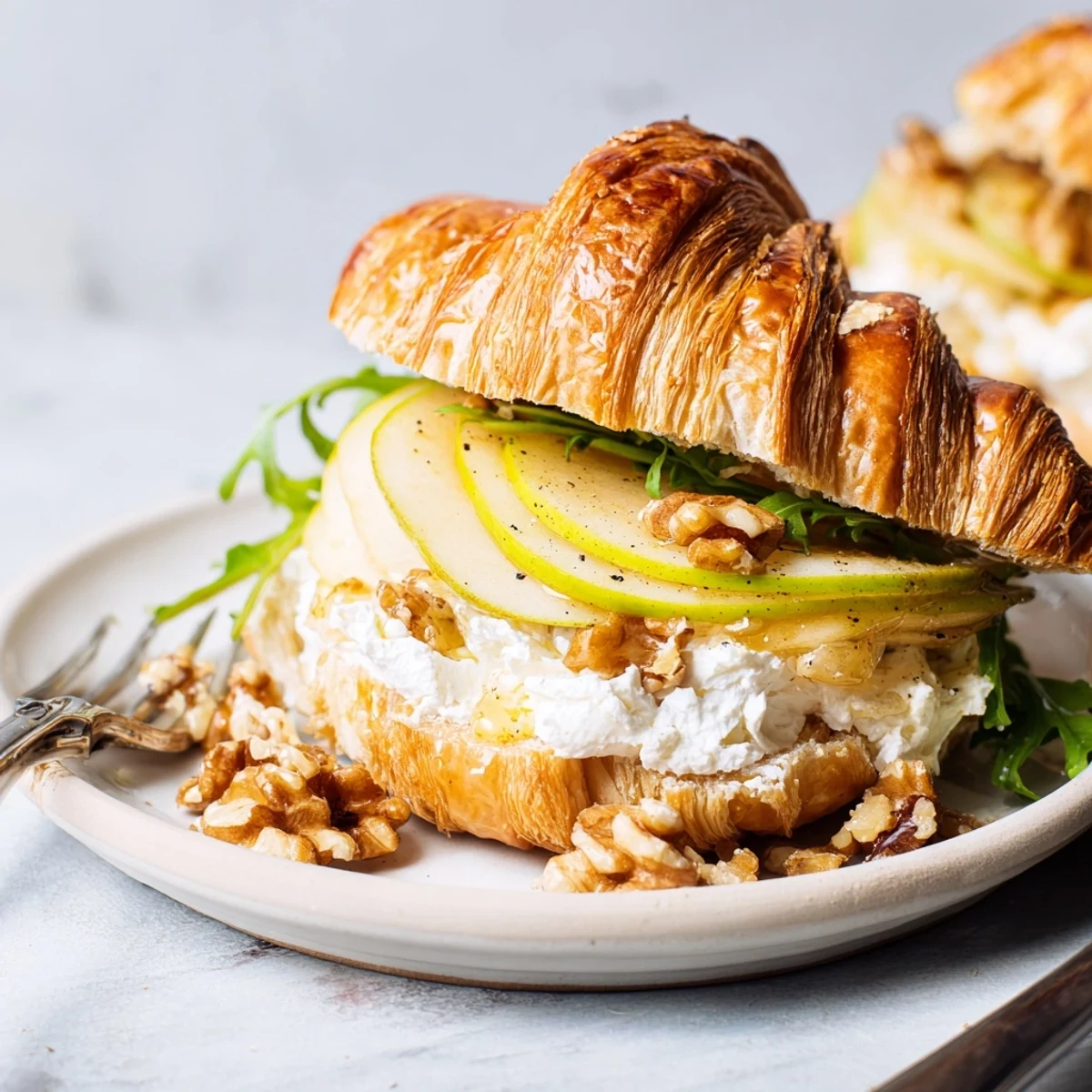 Warm Apple Goat Cheese Croissant Sandwich halves oozing creamy cheese, crisp apple slices