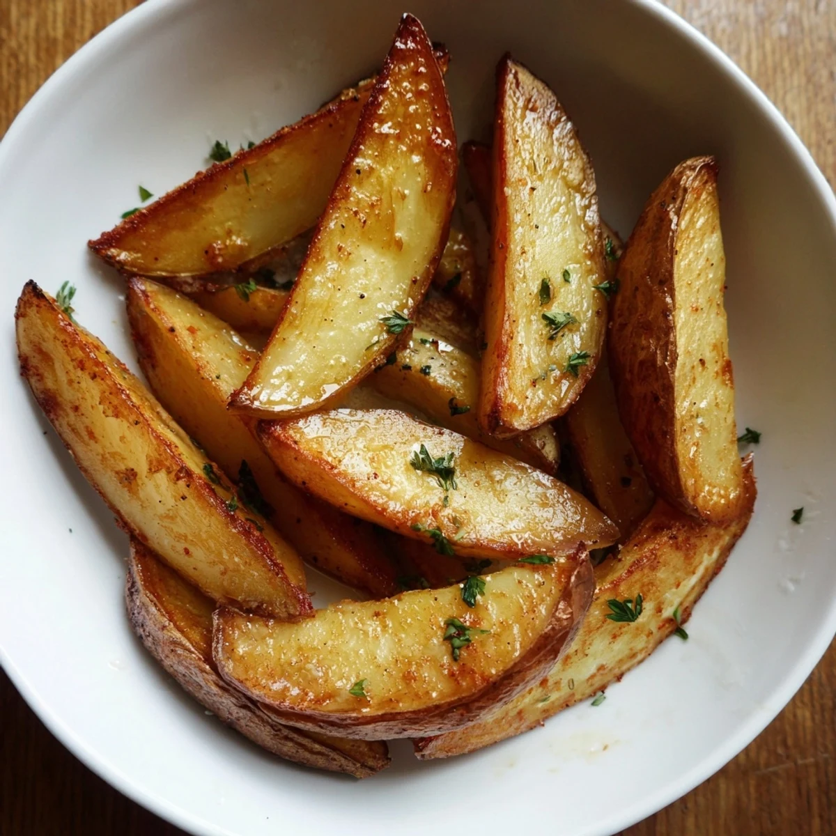 Crispy oven-baked Potato Wedges with golden edges, fluffy centers, parsley garnish
