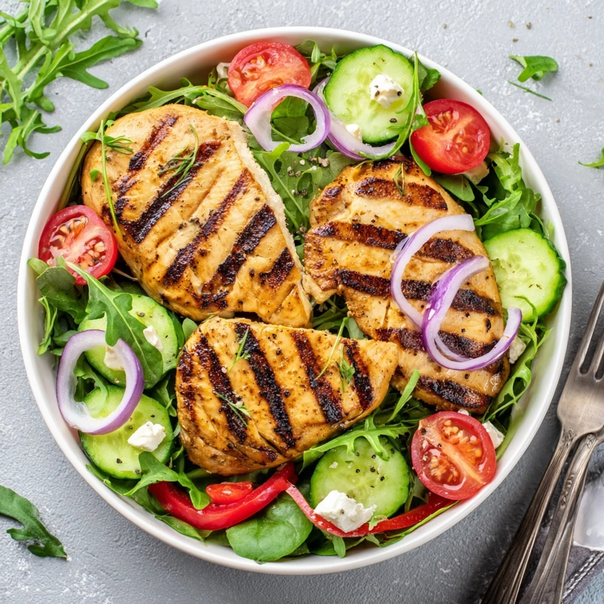 Grilled Chicken Salad Avocado Herb Dressing drizzled over greens with smoky sliced chicken