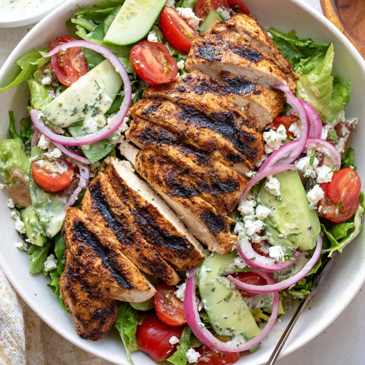 Summer-ready Grilled Chicken Salad Avocado Herb Dressing served with chilled Sauvignon Blanc