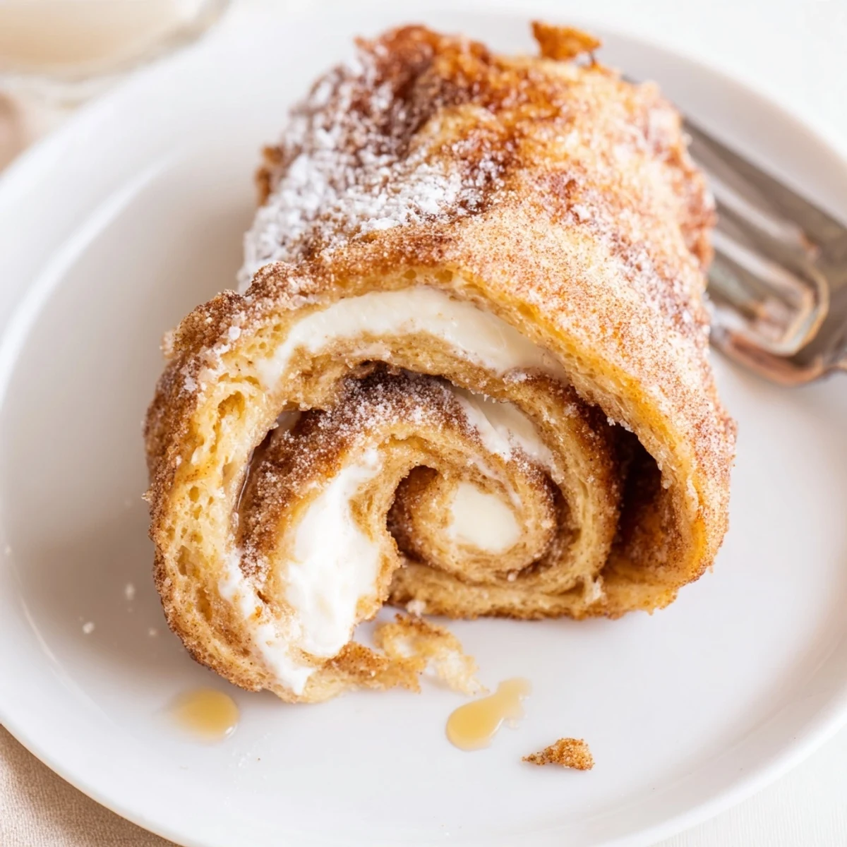 Drizzled with maple syrup, Cinnamon Roll French Toast Roll Ups plated for brunch