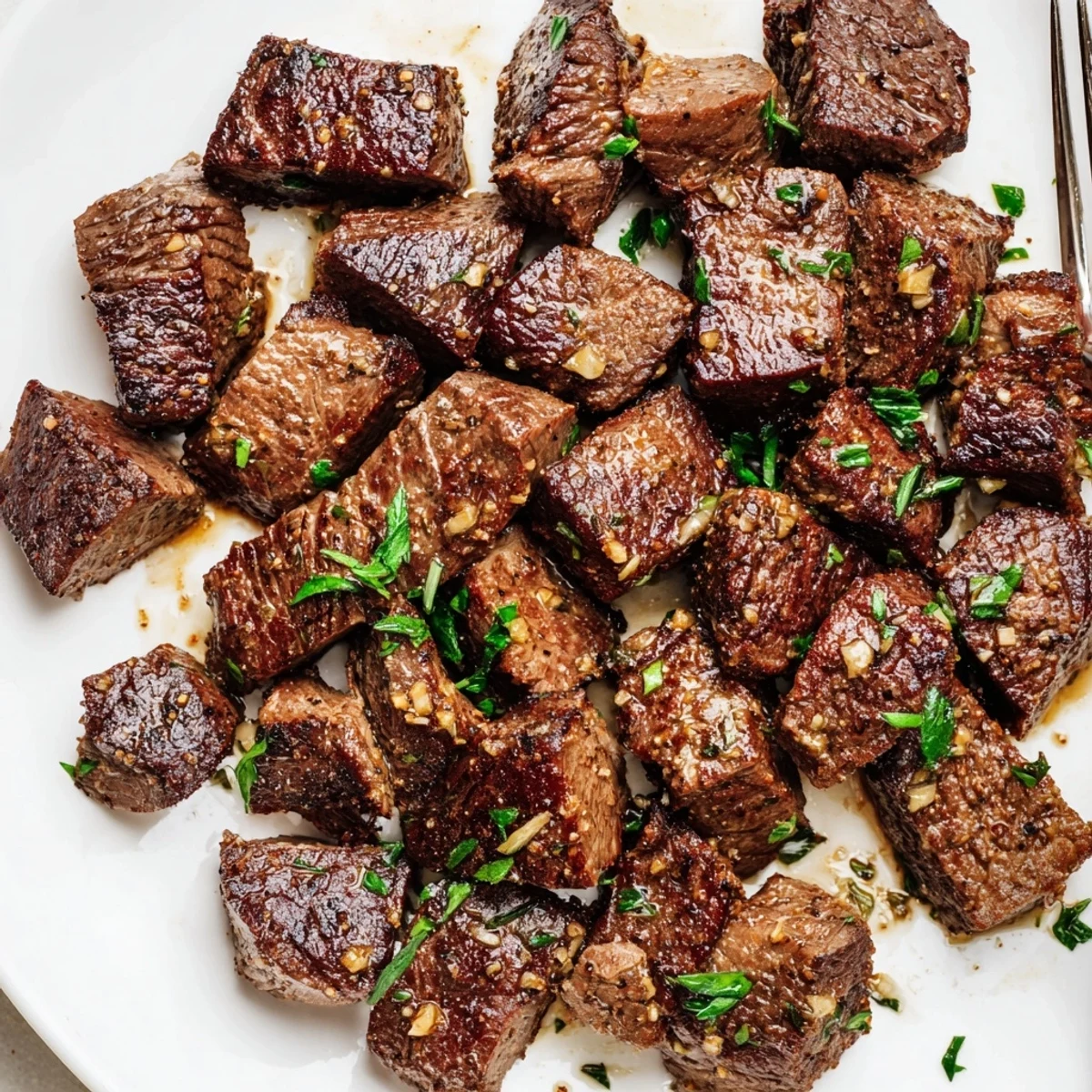 Garlic Butter Steak Bites glistening in buttery garlic sauce, sprinkled with parsley.