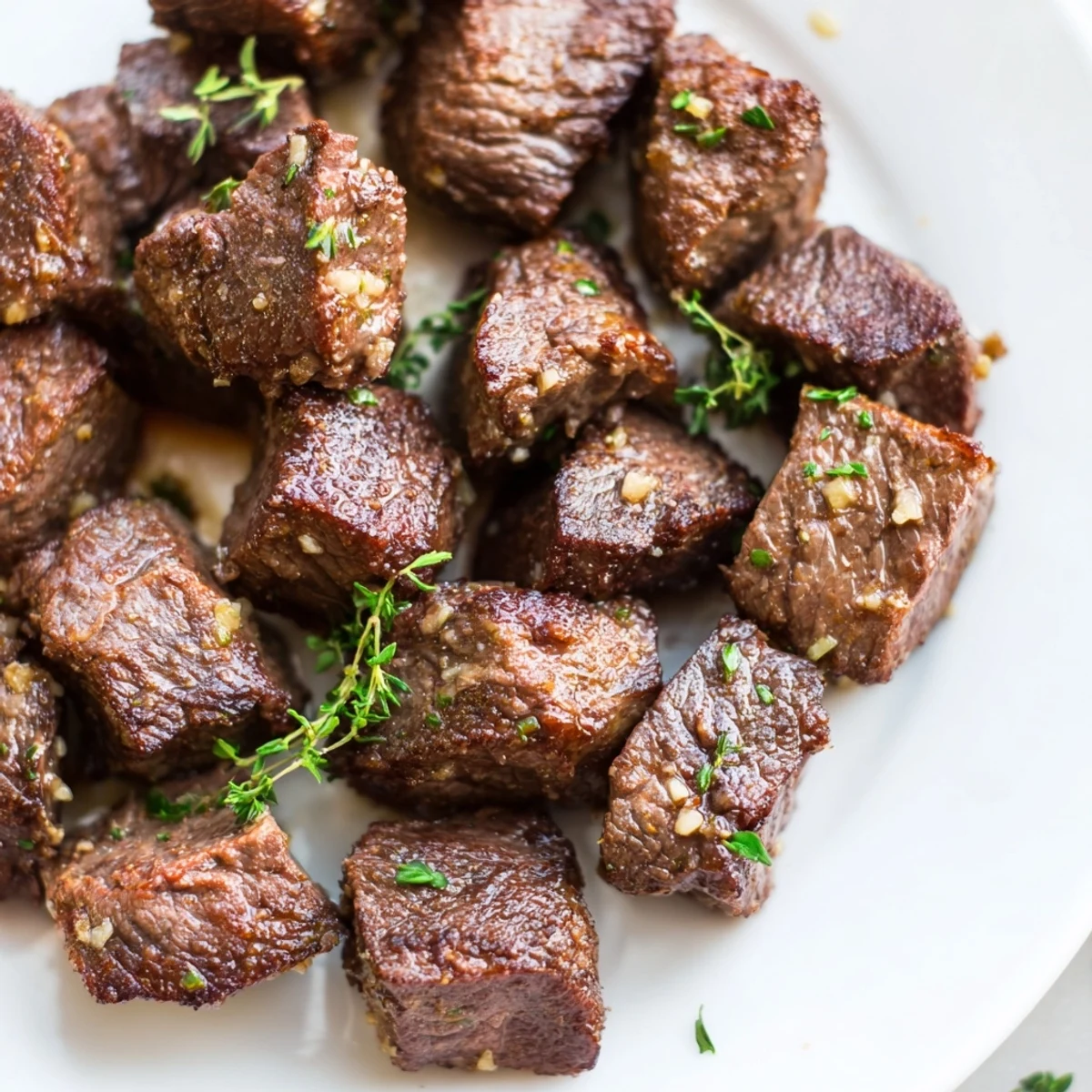 Seared Garlic Butter Steak Bites on cast iron skillet, crusty edges and juices.