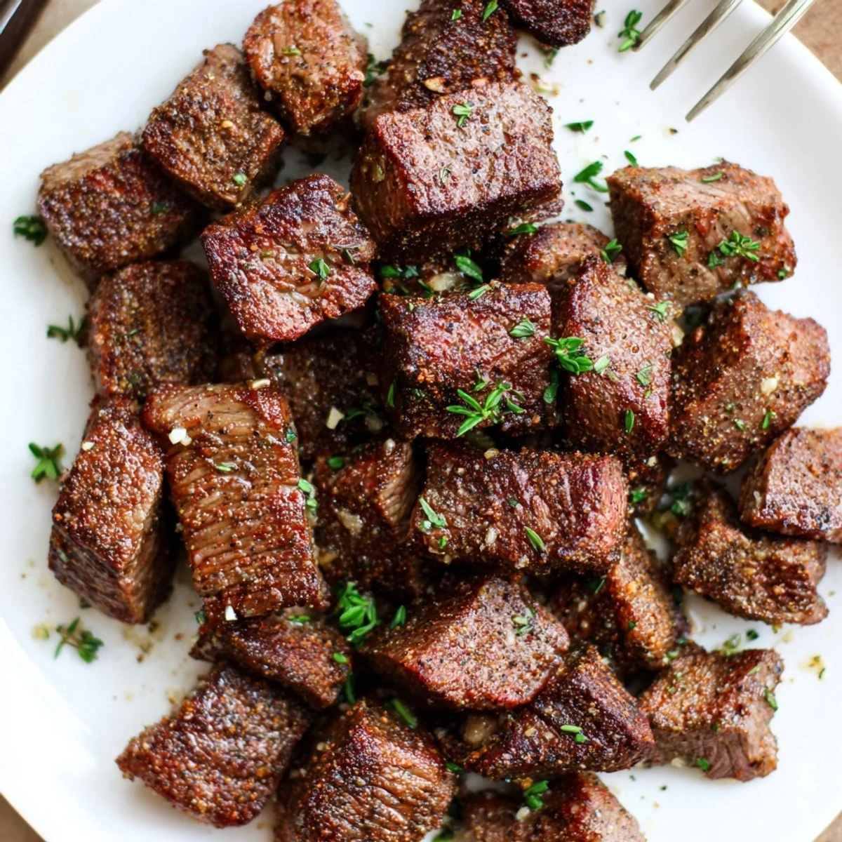 Garlic Butter Steak Bites piled over mashed potatoes, glossy butter and parsley.