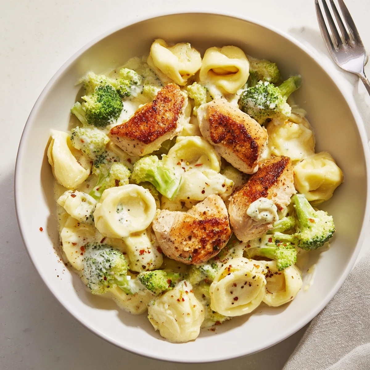 Creamy Garlic Parmesan Tortellini Chicken Broccoli Recipe showing golden chicken, steaming cream sauce