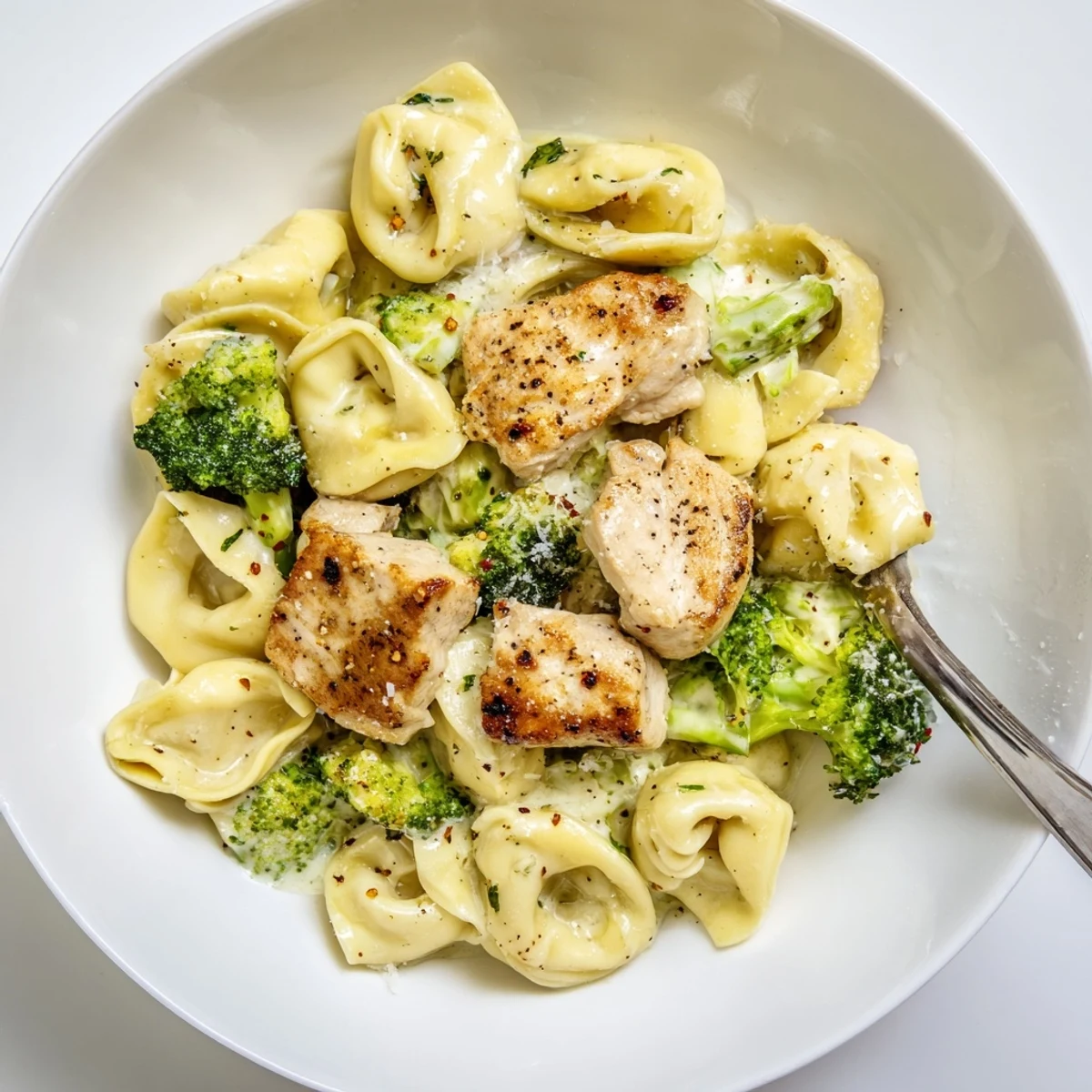 Skillet-tossed and saucy, Creamy Garlic Parmesan Tortellini Chicken Broccoli Recipe garnished with parsley