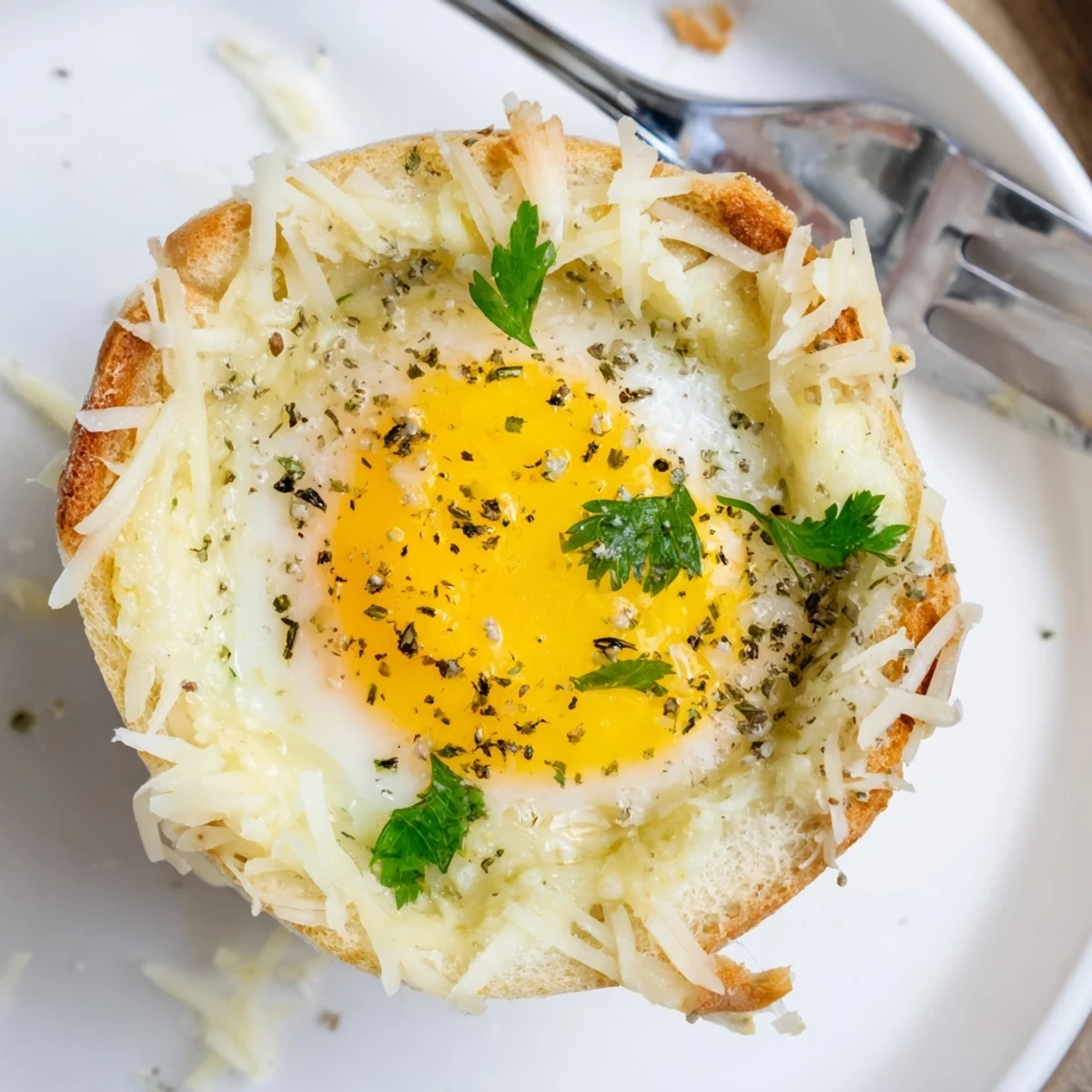 Six baked Lazy Garlic Bread Egg Cups nestled in muffin tin, parsley garnish