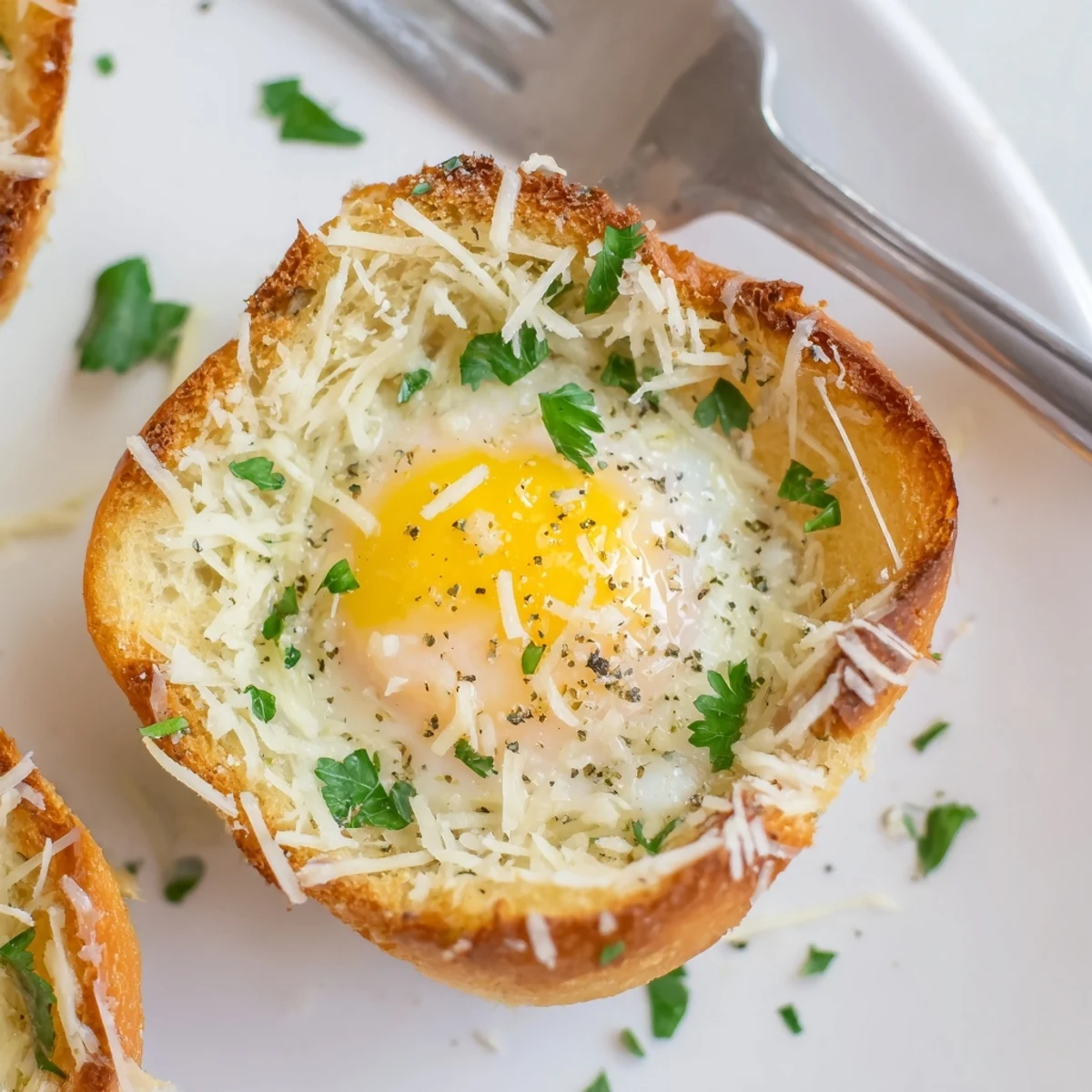 Buttery-crusted Lazy Garlic Bread Egg Cups oozing silky yolks, served with fresh fruit