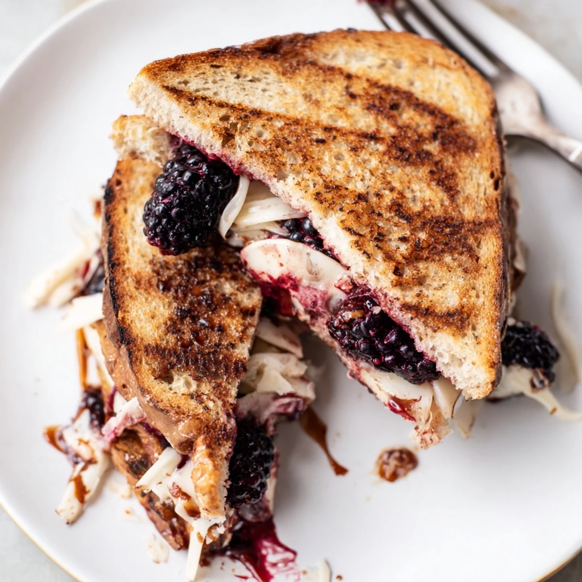 Balsamic Blackberry Bliss Grilled Cheese with melted brie, golden crust, juicy berries.