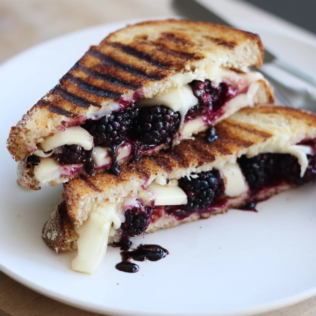 Toasted Balsamic Blackberry Bliss Grilled Cheese served with basil garnish and Pinot Noir.