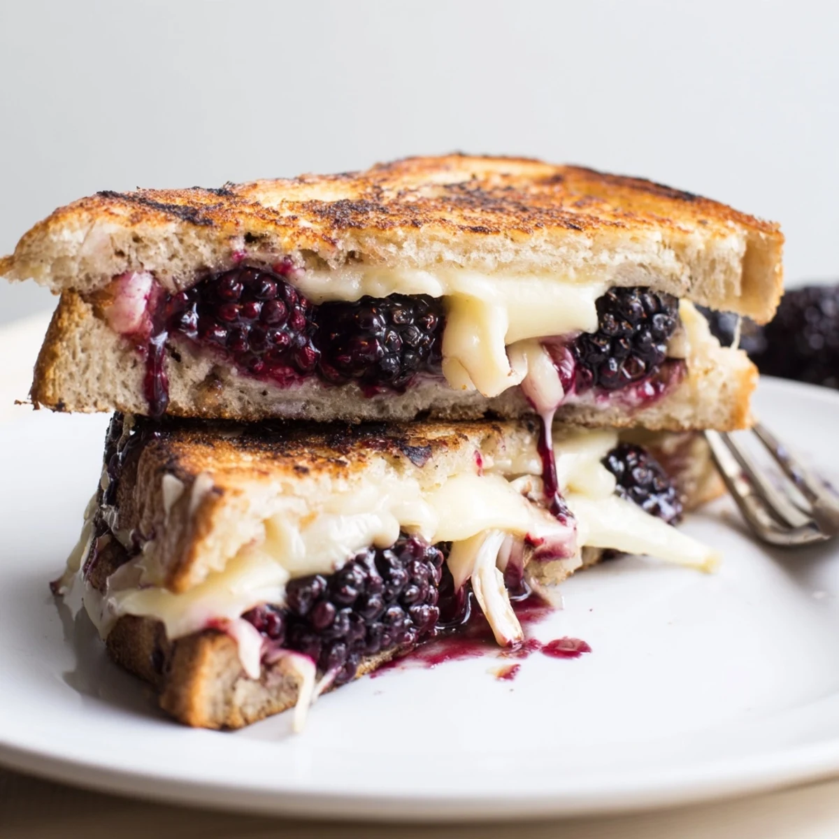 Warm Balsamic Blackberry Bliss Grilled Cheese oozing cheddar, balsamic glaze, sliced on board.