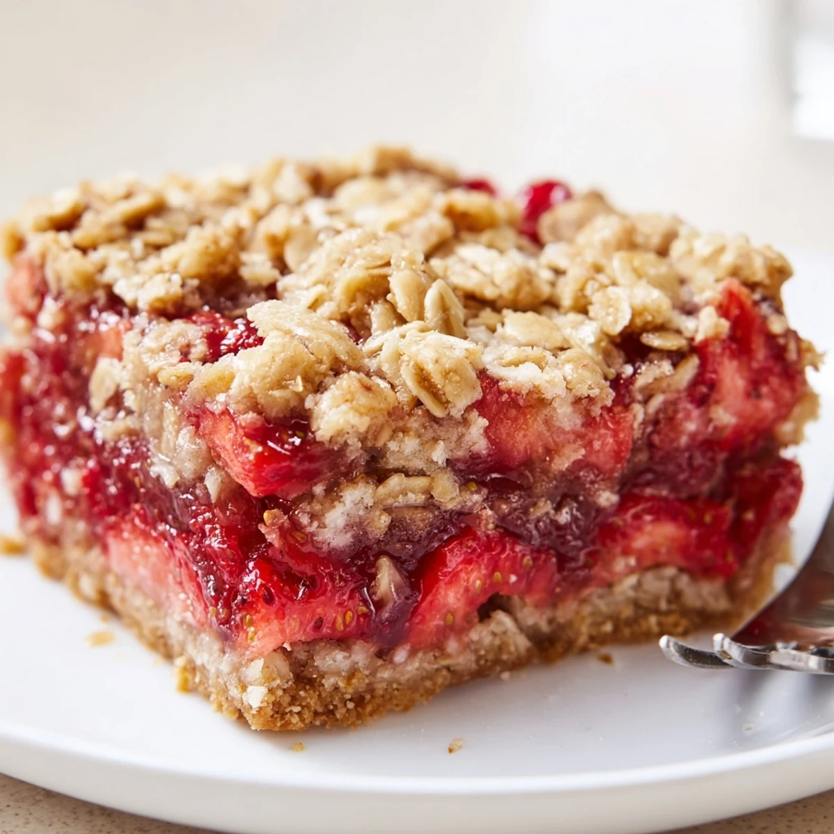 Warm Strawberry Oatmeal Crumble Bars Recipe with bubbling filling and golden crumble
