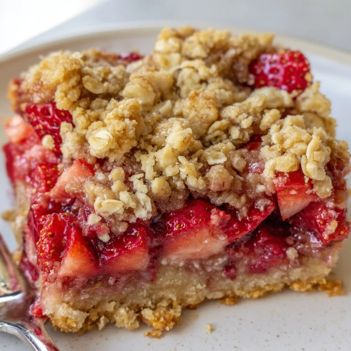 A close-up of sliced Strawberry Oatmeal Crumble Bars Recipe showing juicy strawberry layer