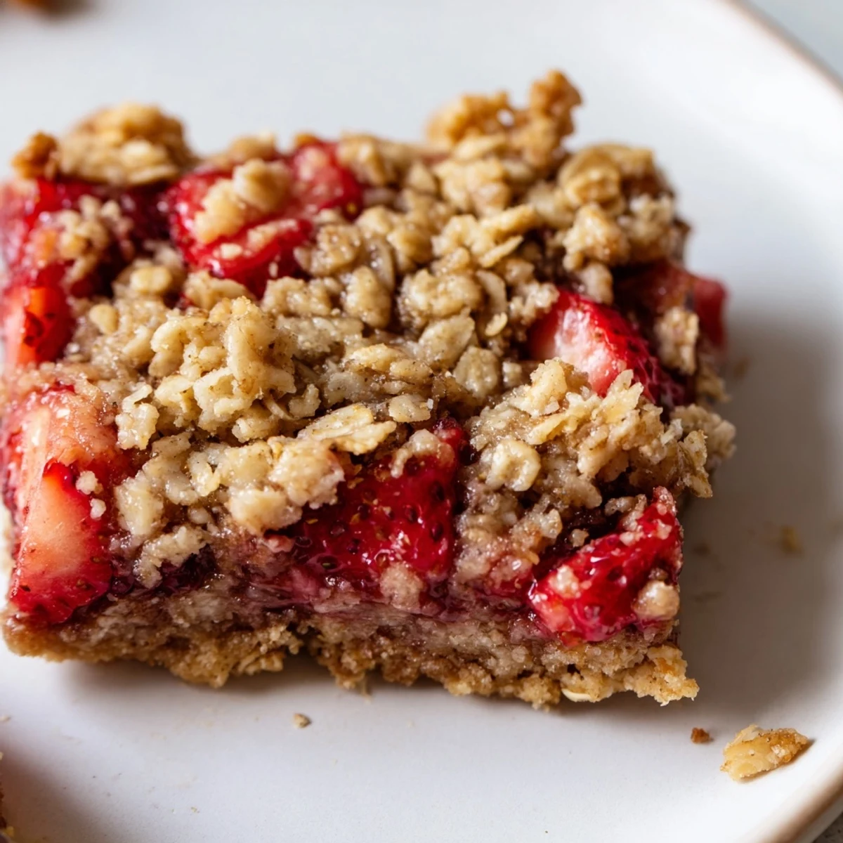 Cut Strawberry Oatmeal Crumble Bars Recipe served warm with melting vanilla ice cream