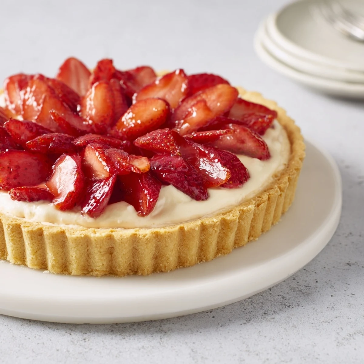 Tarte aux Fraises with glossy sliced strawberries over creamy pastry cream, chilled