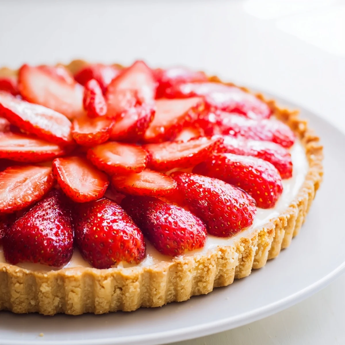 Homemade Tarte aux Fraises on golden sable crust, brushed apricot glaze