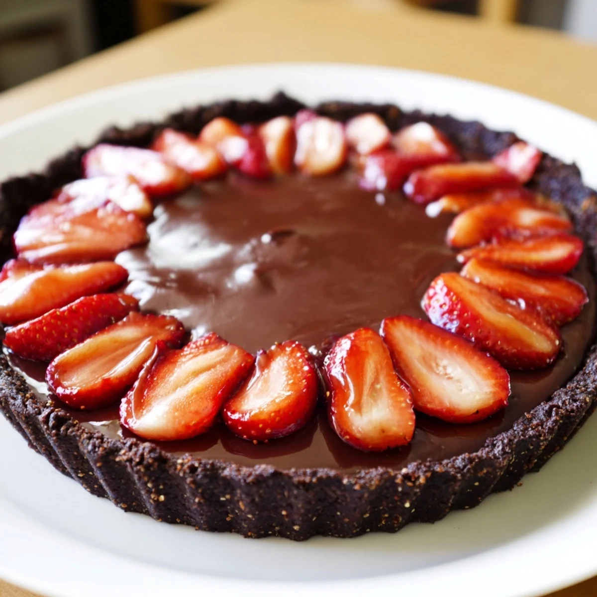 Chilled slice of Dark Chocolate Strawberry Tart Recipe topped with juicy strawberries
