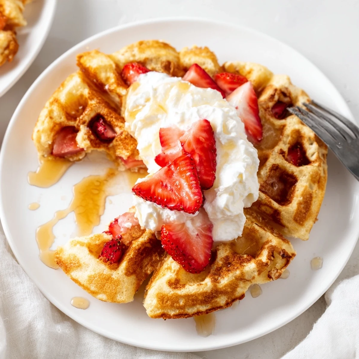Strawberry Waffles Recipe with golden, fluffy waffles topped with whipped cream